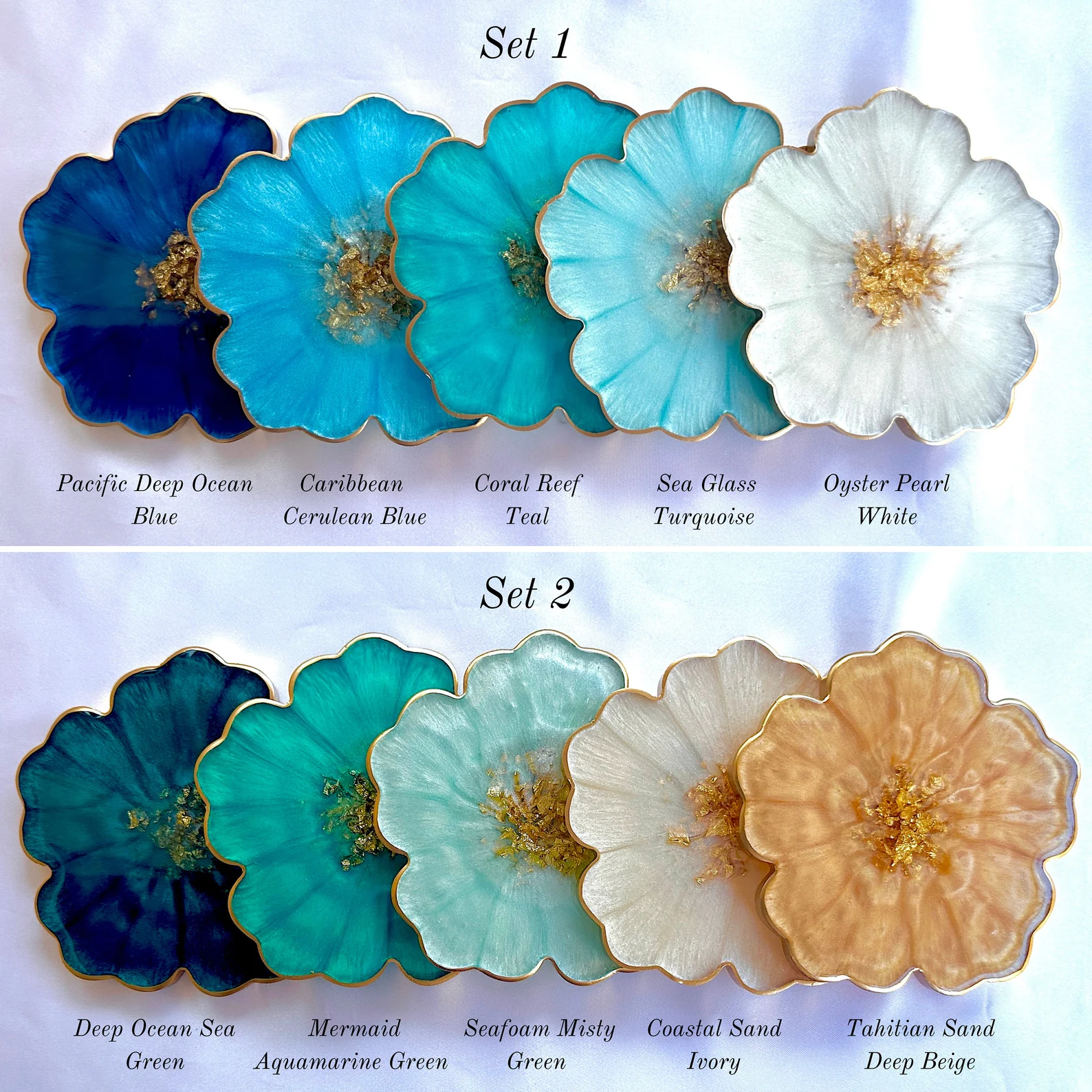 Ocean Inspired Collection - Gold Accented Flower Handmade Resin Coasters - Image 2