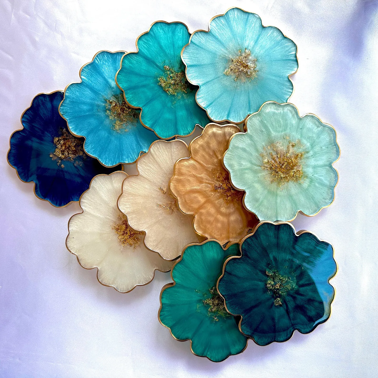 Ocean Inspired Collection - Gold Accented Flower Handmade Resin Coasters