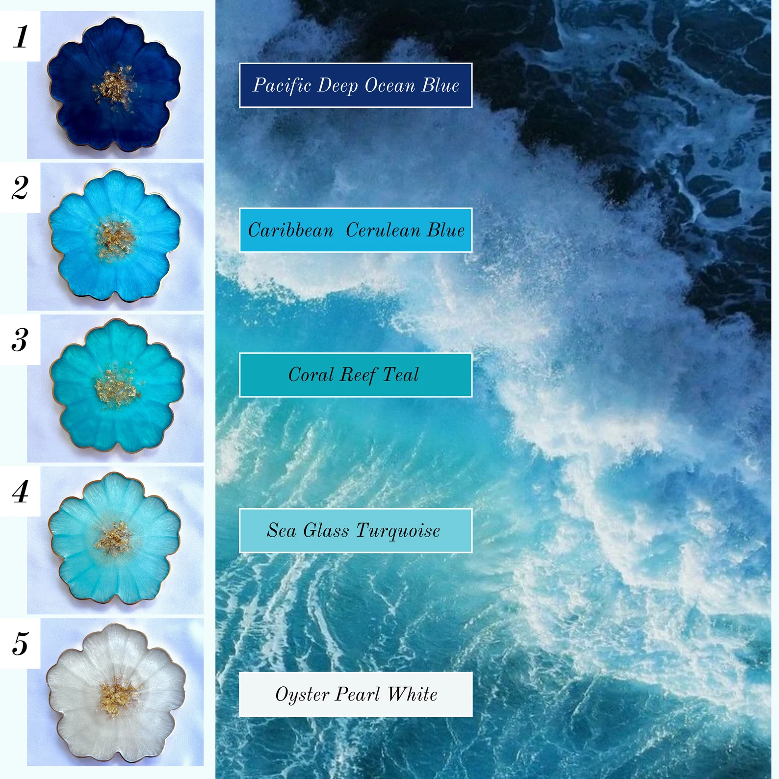 Ocean Inspired Collection - Gold Accented Flower Handmade Resin Coasters - Image 4